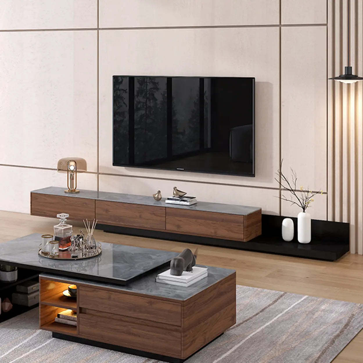 Walnut-Black Stone Rectangle Long TV Stand — Black