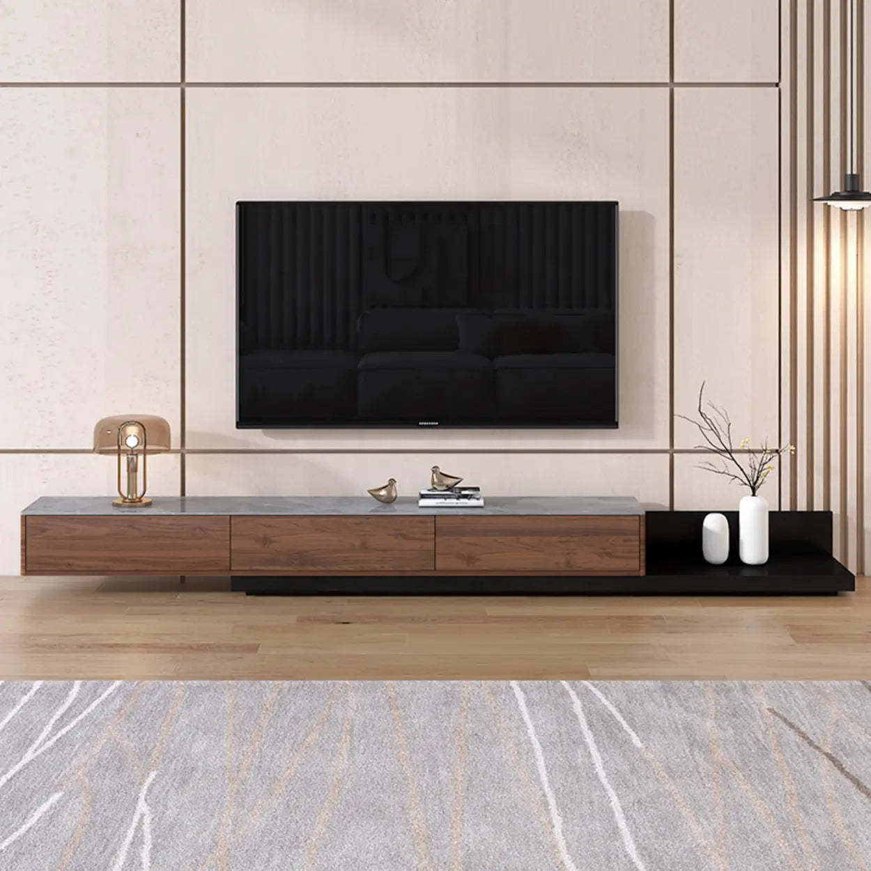Lighom modern long rectangle black tv stands in stone — 79"L x 13"W x 11"H / Walnut & Black