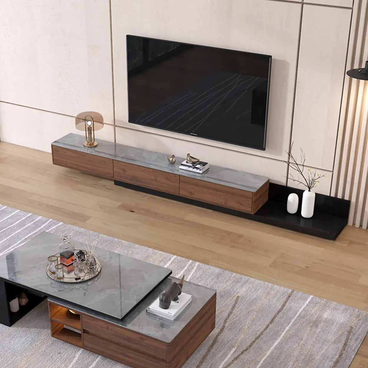 Walnut-Black Stone Rectangle Long TV Stand