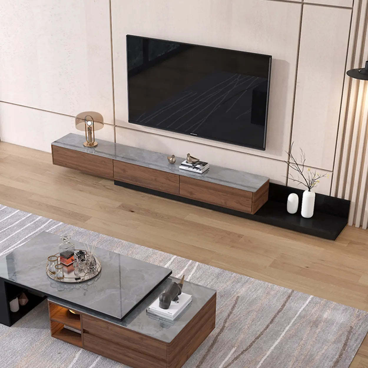 Walnut-Black Stone Rectangle Long TV Stand