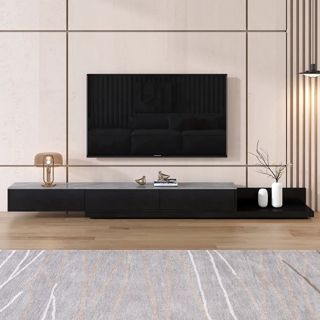 Walnut-Black Stone Rectangle Long TV Stand
