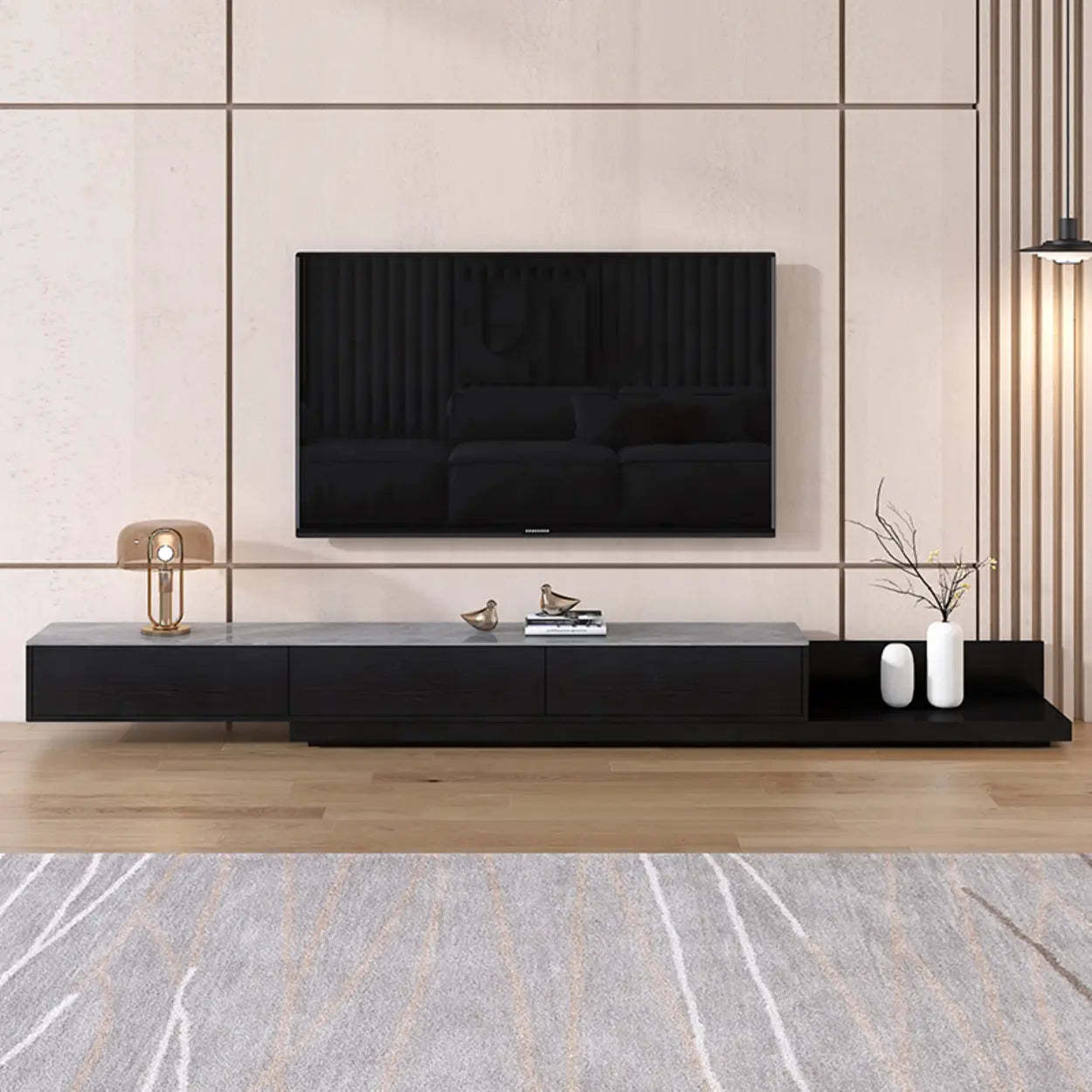 Walnut-Black Stone Rectangle Long TV Stand