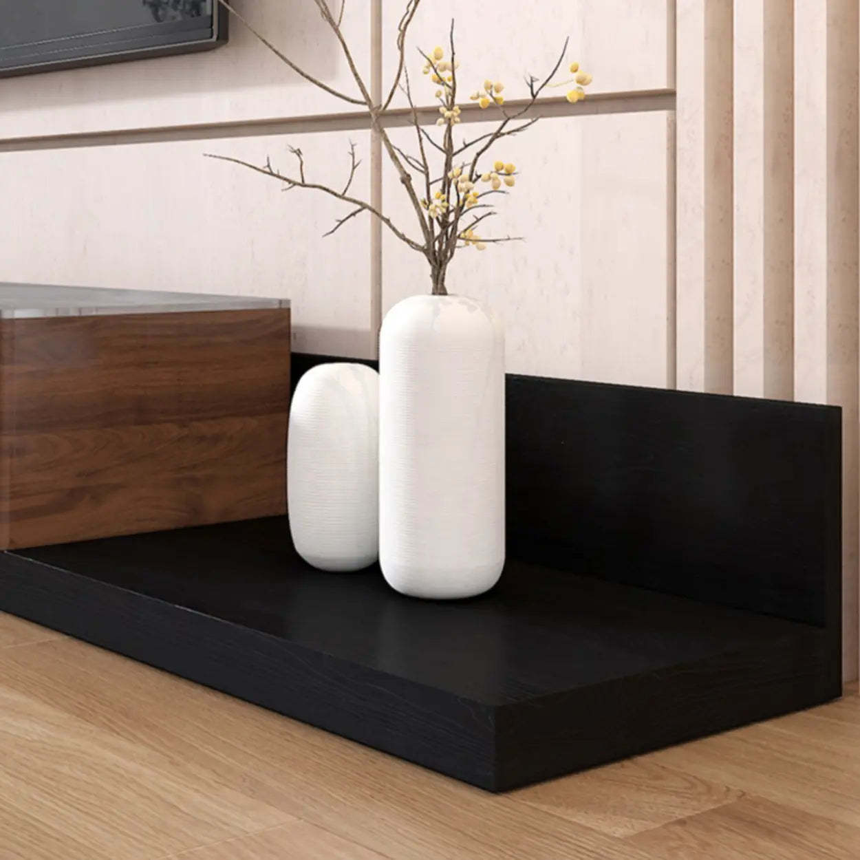 Walnut-Black Stone Rectangle Long TV Stand