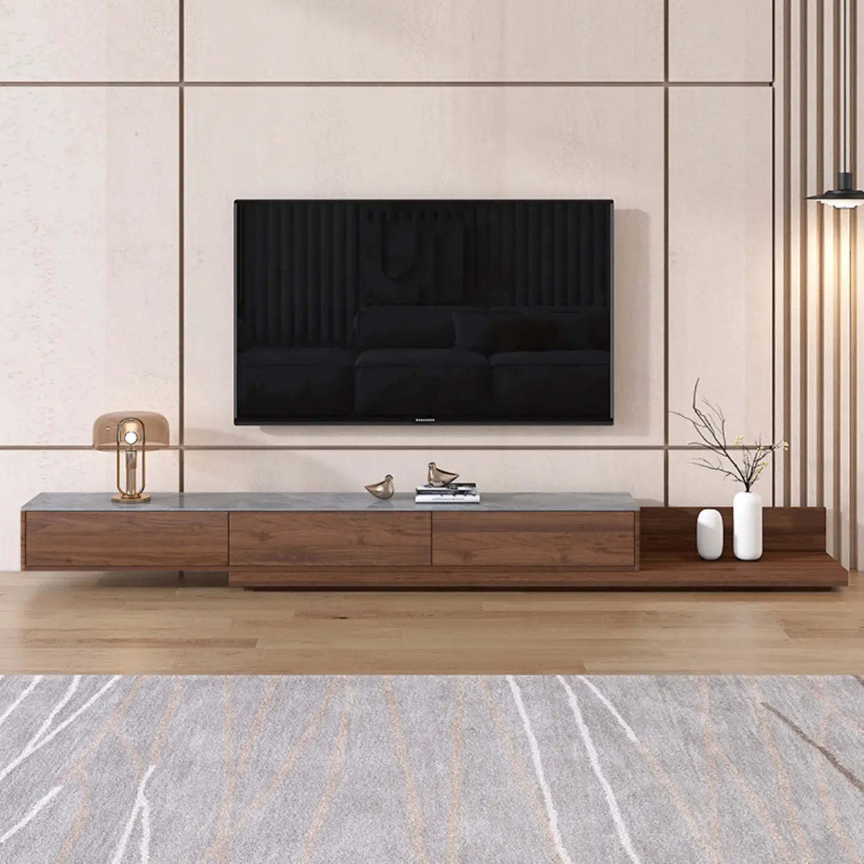 Walnut-Black Stone Rectangle Long TV Stand