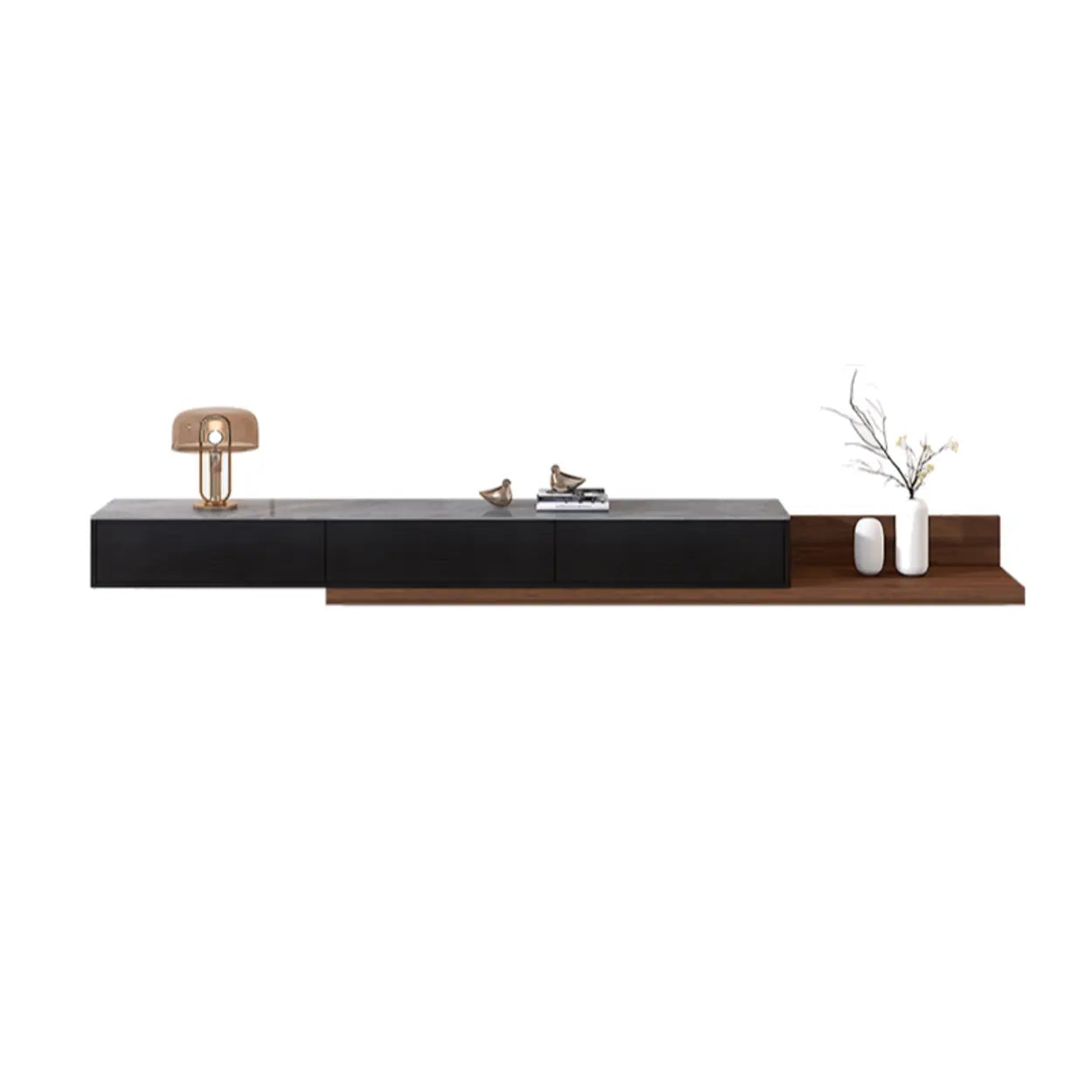 Walnut-Black Stone Rectangle Long TV Stand