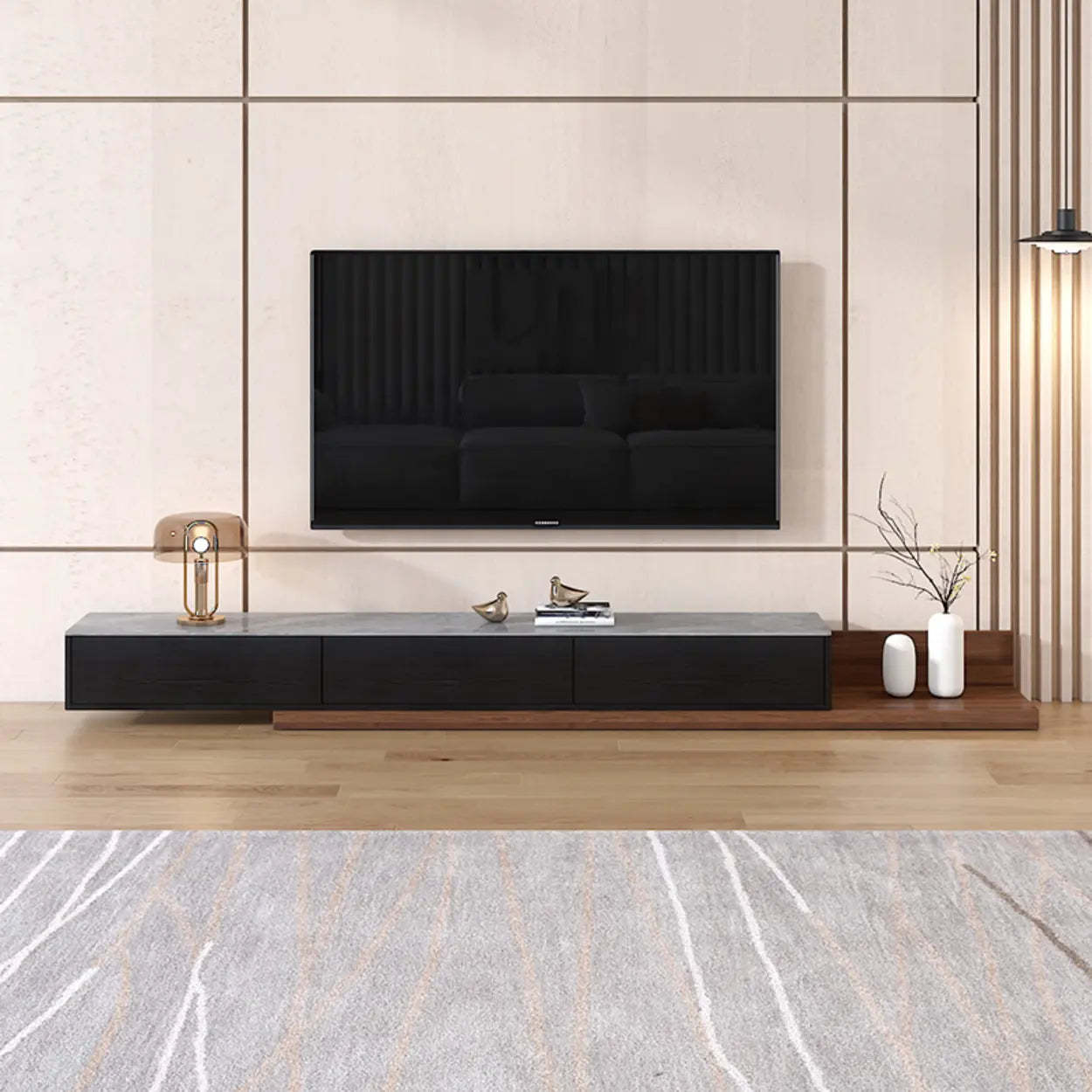Walnut-Black Stone Rectangle Long TV Stand — Black