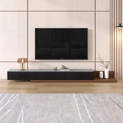 Walnut-Black Stone Rectangle Long TV Stand — Black