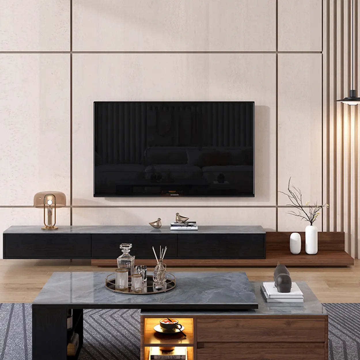 Walnut-Black Stone Rectangle Long TV Stand — Black/ Walnut