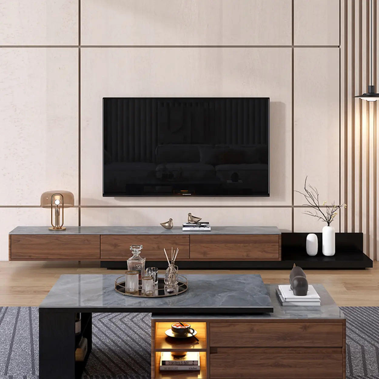 Walnut-Black Stone Rectangle Long TV Stand — Nut-Brown