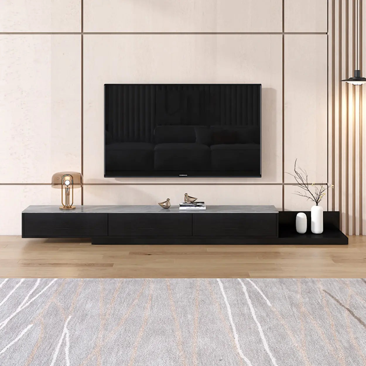 Walnut-Black Stone Rectangle Long TV Stand — Nut-Brown