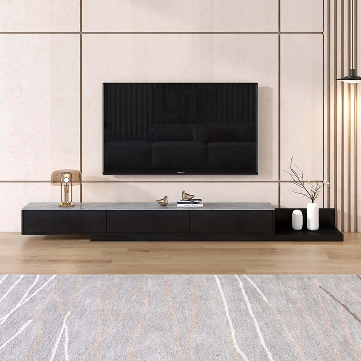 Walnut-Black Stone Rectangle Long TV Stand — Nut-Brown
