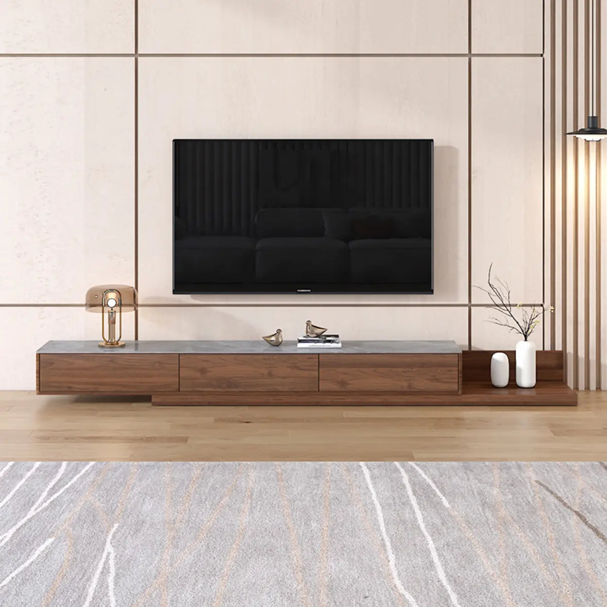 Walnut-Black Stone Rectangle Long TV Stand — Walnut/ Black