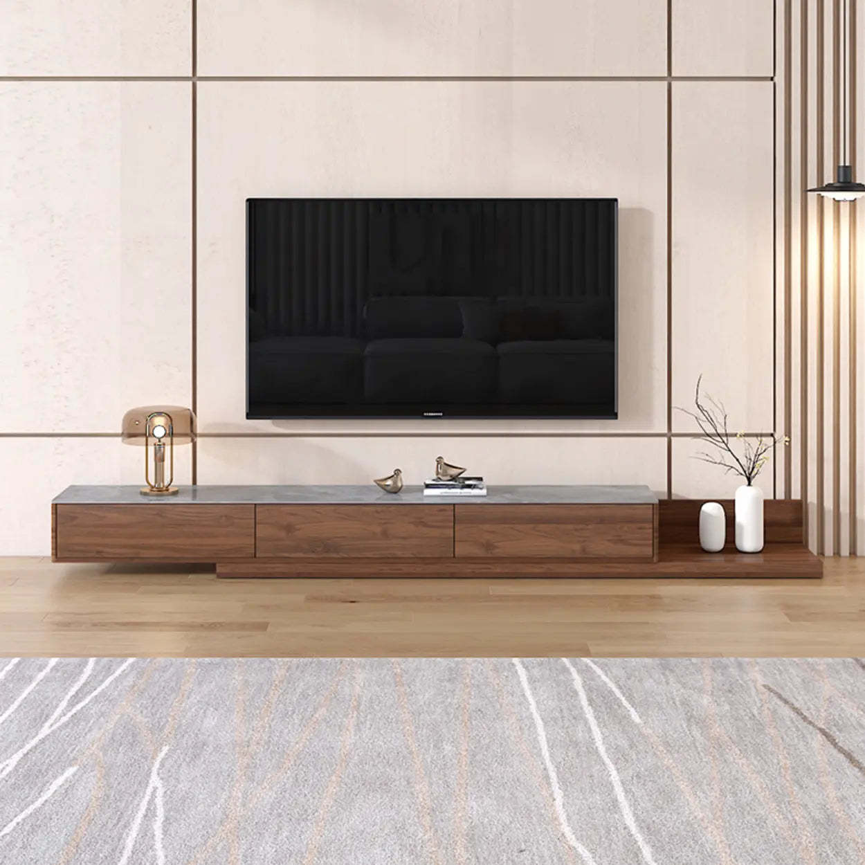 Walnut-Black Stone Rectangle Long TV Stand — Walnut/ Black