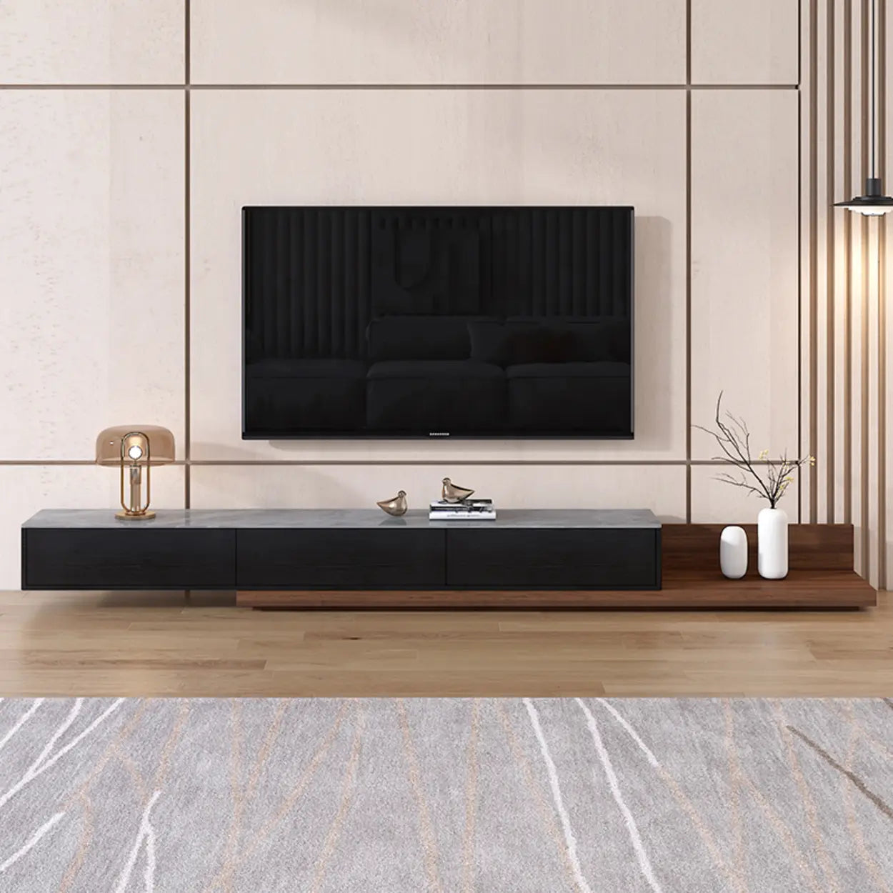 Walnut-Black Stone Rectangle Long TV Stand