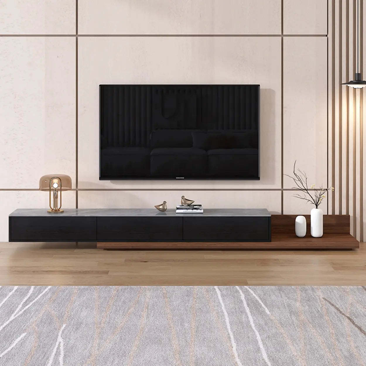 Walnut-Black Stone Rectangle Long TV Stand