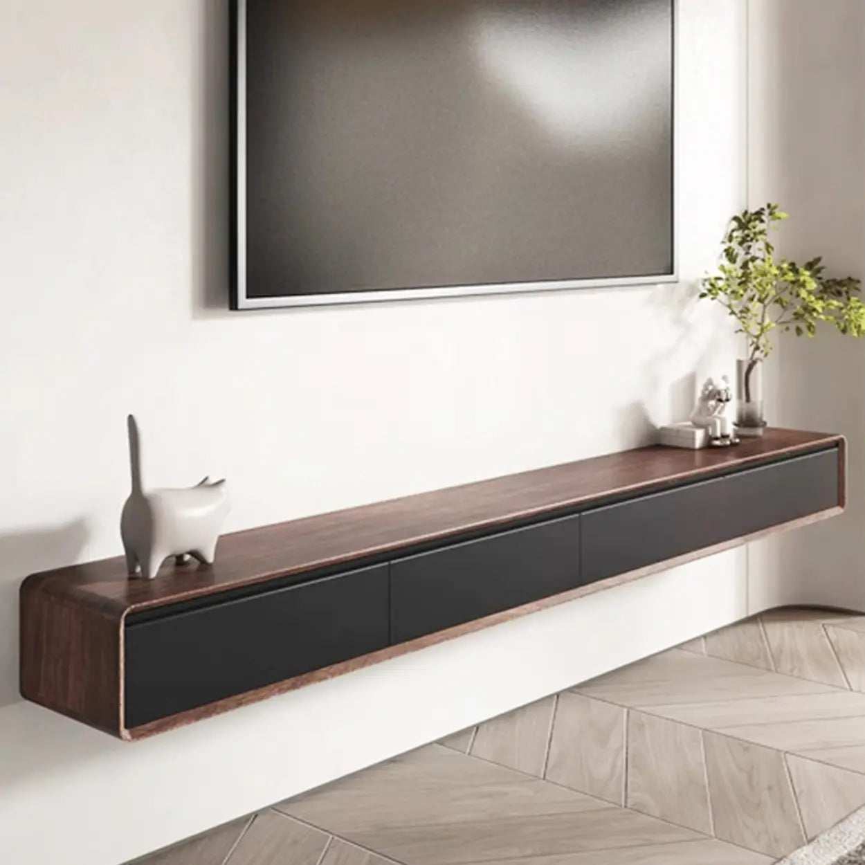 Walnut-Black Floating Mount TV Stand with Drawers