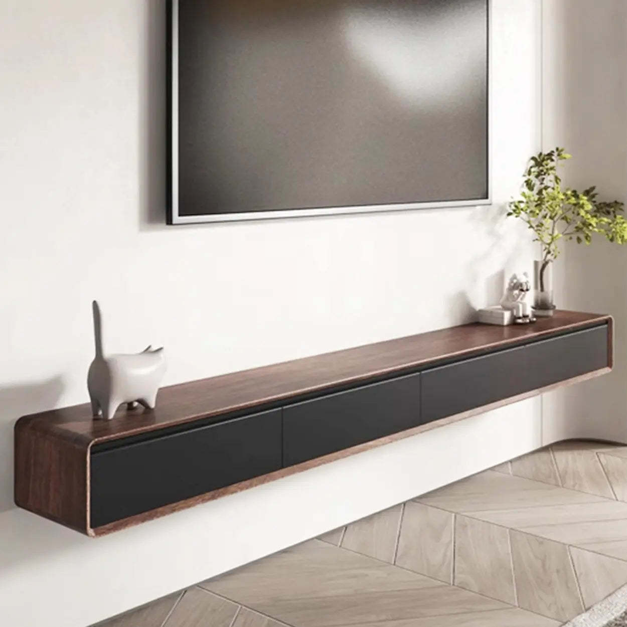 Walnut-Black Floating Mount TV Stand with Drawers — Black-White