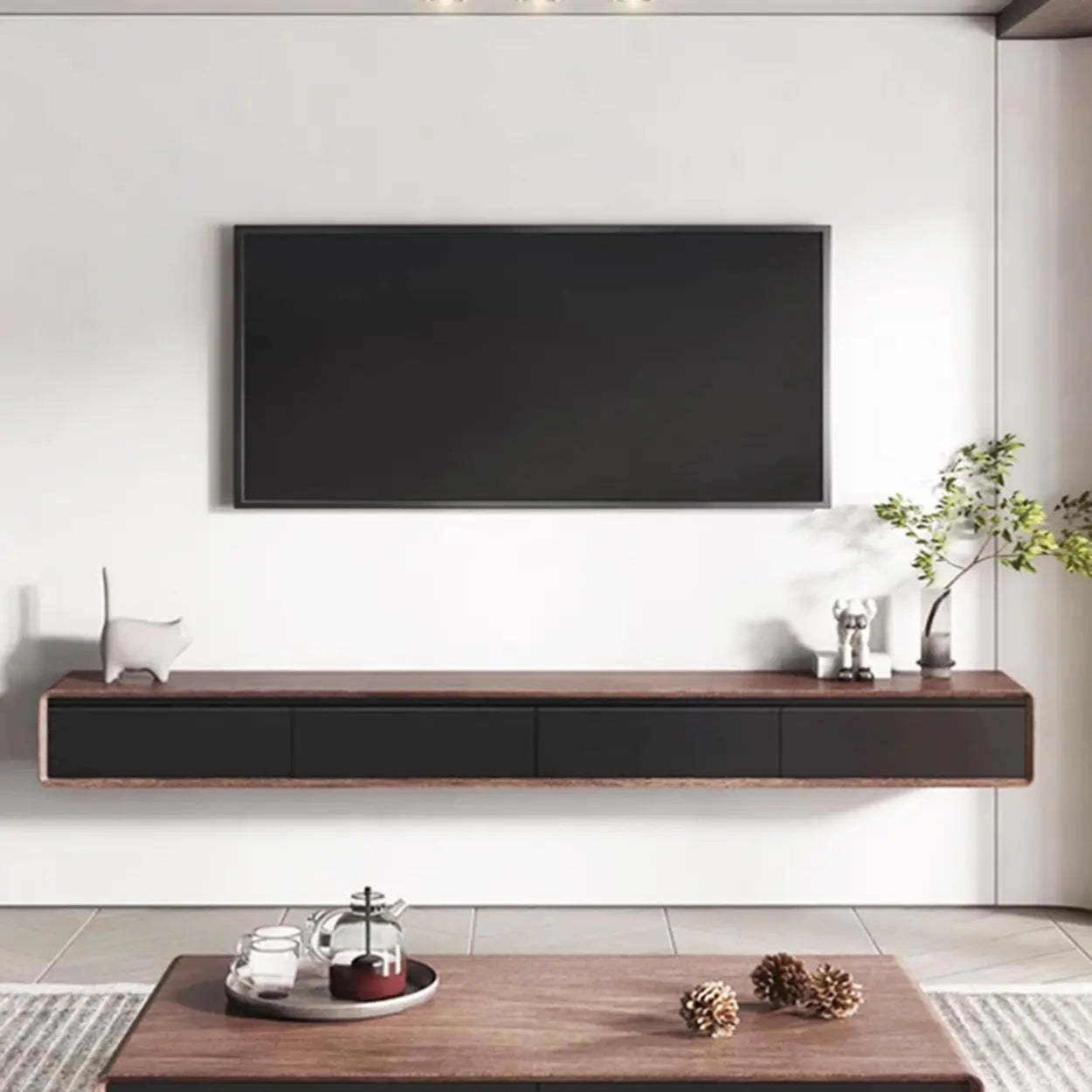 Walnut-Black Floating Mount TV Stand with Drawers — Nut-Brown