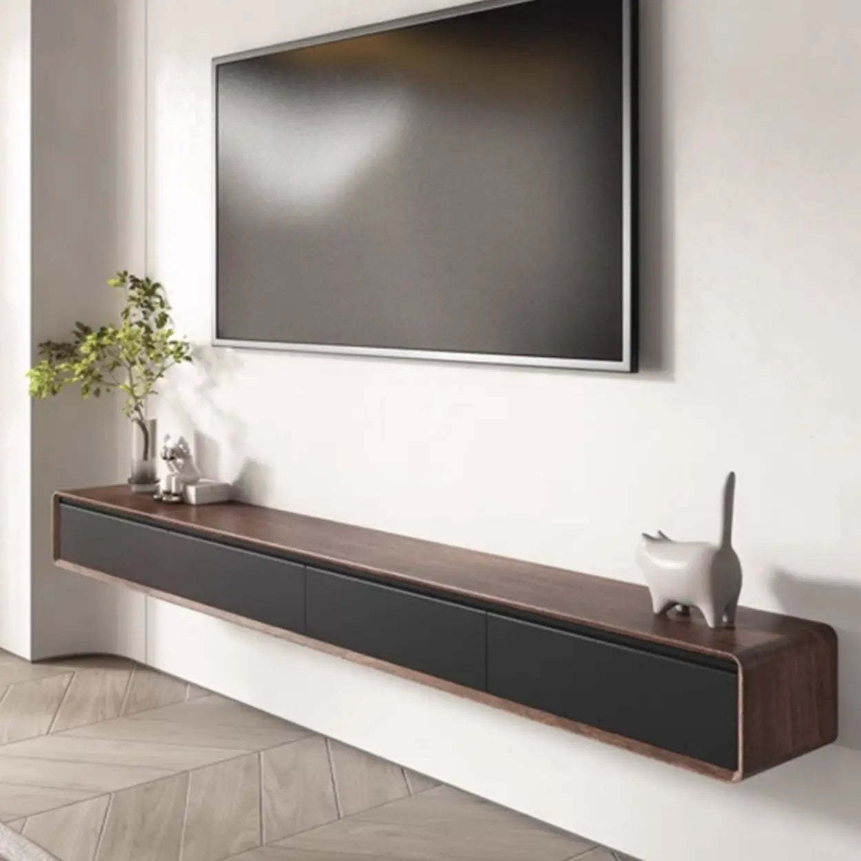 Walnut-Black Floating Mount TV Stand with Drawers — Walnut/ White