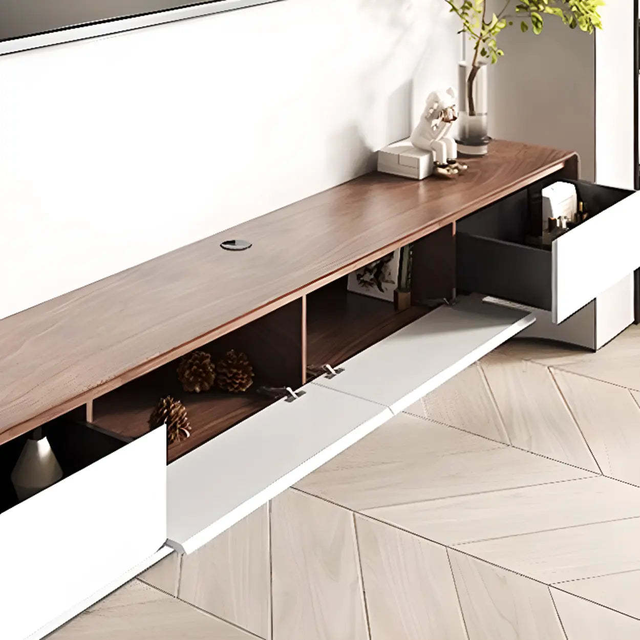 Walnut-Black Floating Mount TV Stand with Drawers — Wood/ White