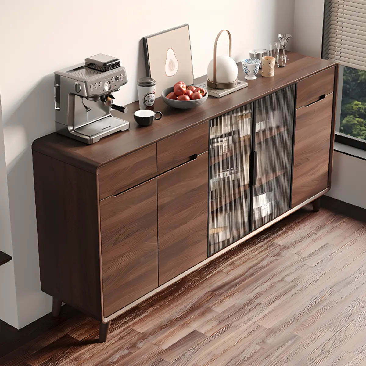 Walnut Brown Large Sideboard with Storage and Shelves — Glass Door