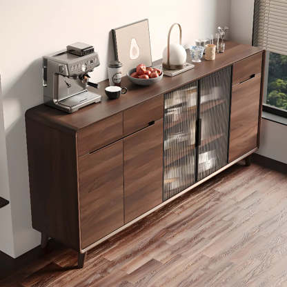 Walnut Brown Large Sideboard with Storage and Shelves — Glass Door