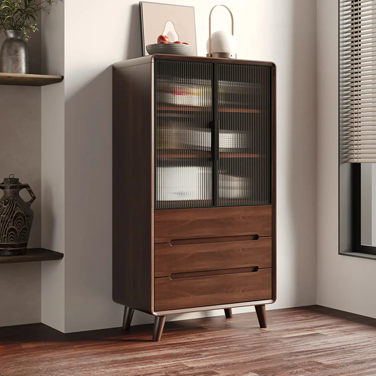 Walnut Brown Large Sideboard with Storage and Shelves — Open