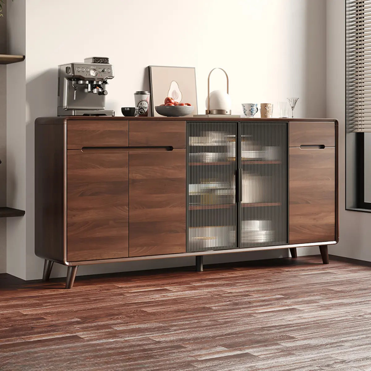 Walnut Brown Large Sideboard with Storage and Shelves — Glass Door