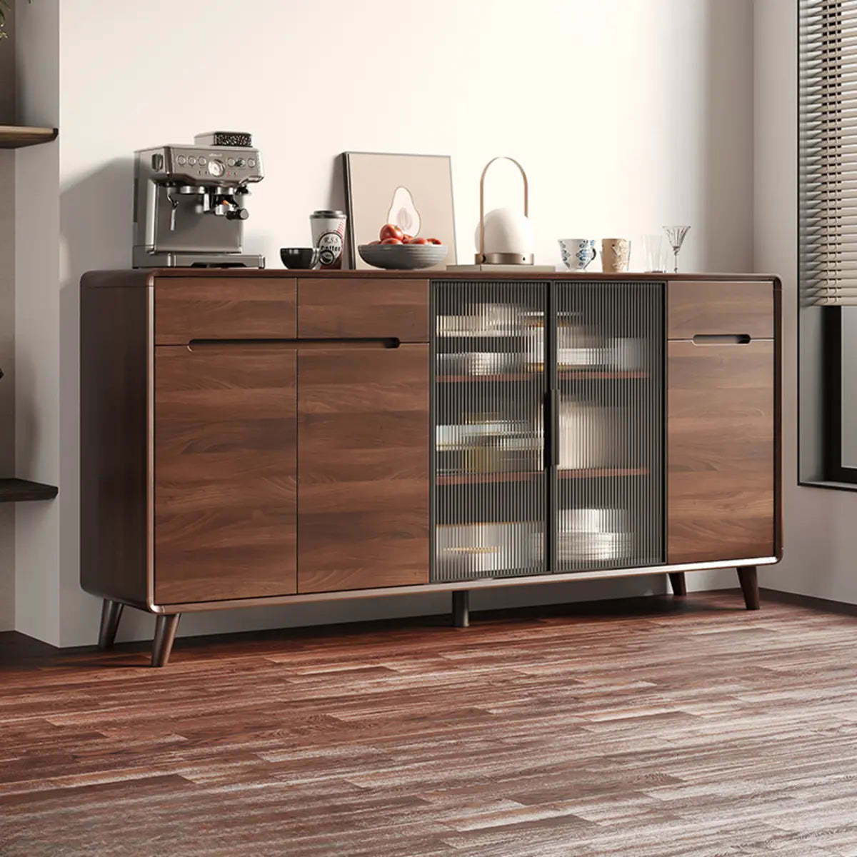 Walnut Brown Large Sideboard with Storage and Shelves — Glass Door