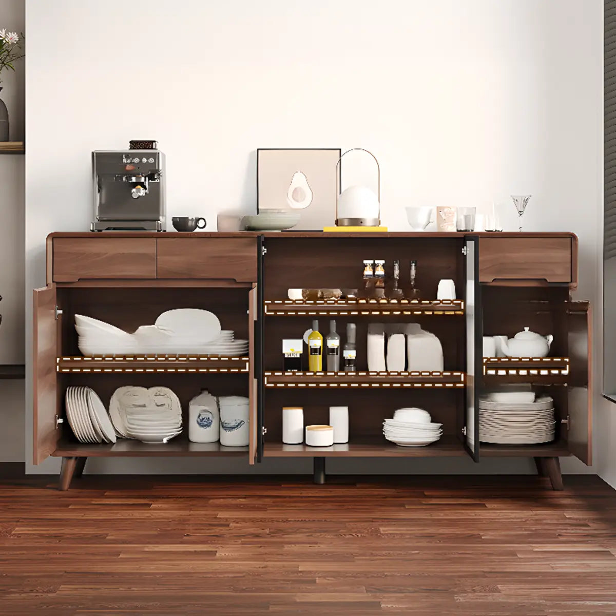 Walnut Brown Large Sideboard with Storage and Shelves — Glass Door