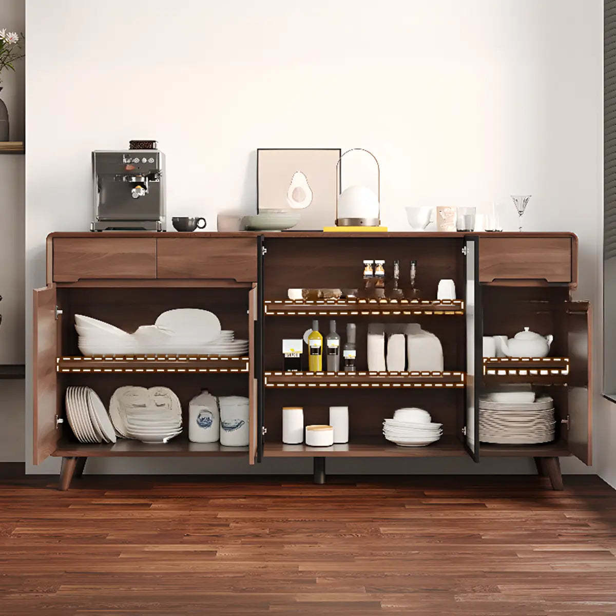 Walnut Brown Large Sideboard with Storage and Shelves — Glass Door