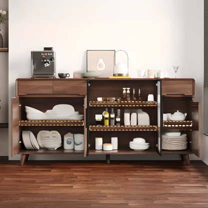 Walnut Brown Large Sideboard with Storage and Shelves — Glass Door