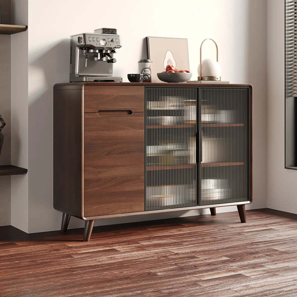 Walnut Brown Large Sideboard with Storage and Shelves — Glass Door