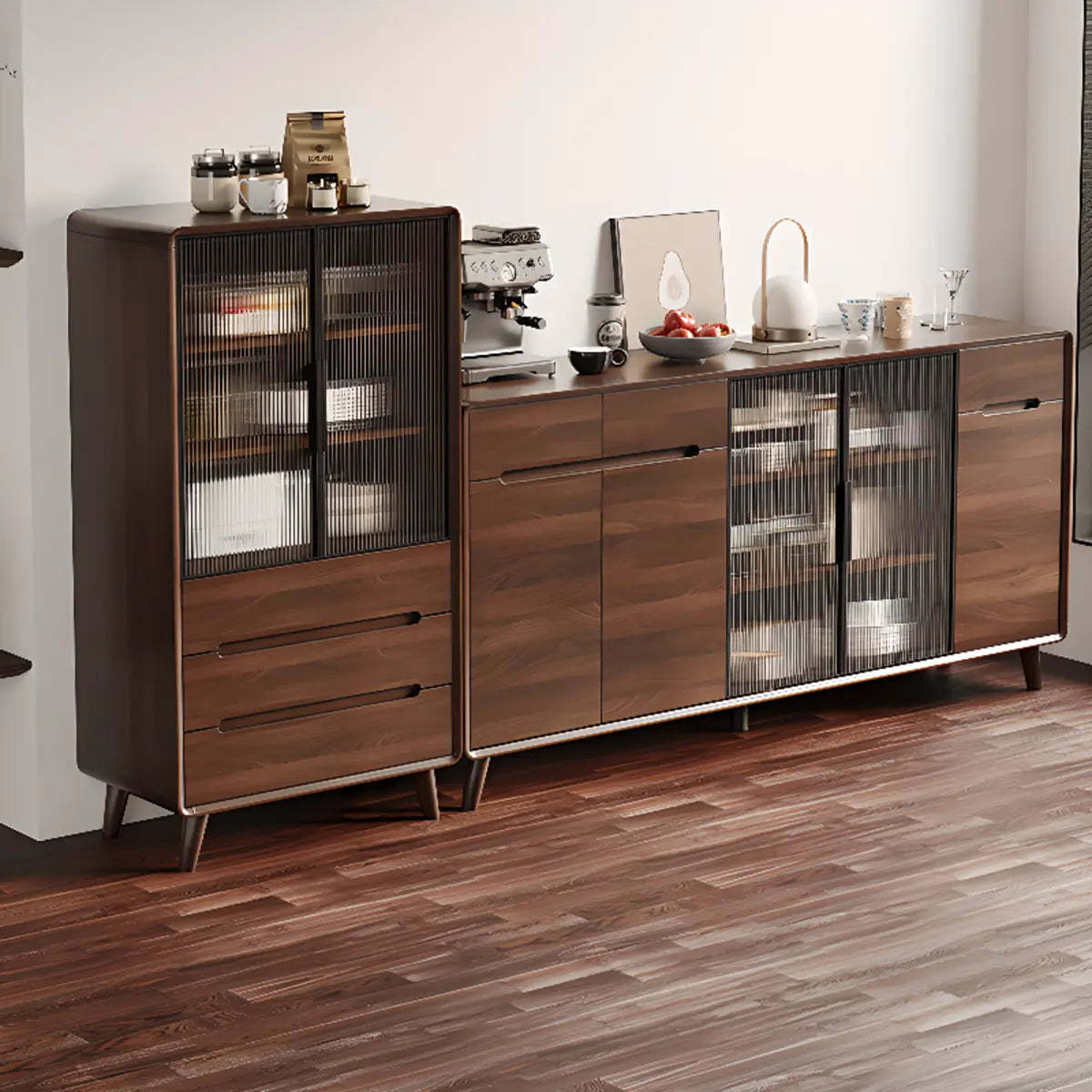 Walnut Brown Large Sideboard with Storage and Shelves — Glass Door