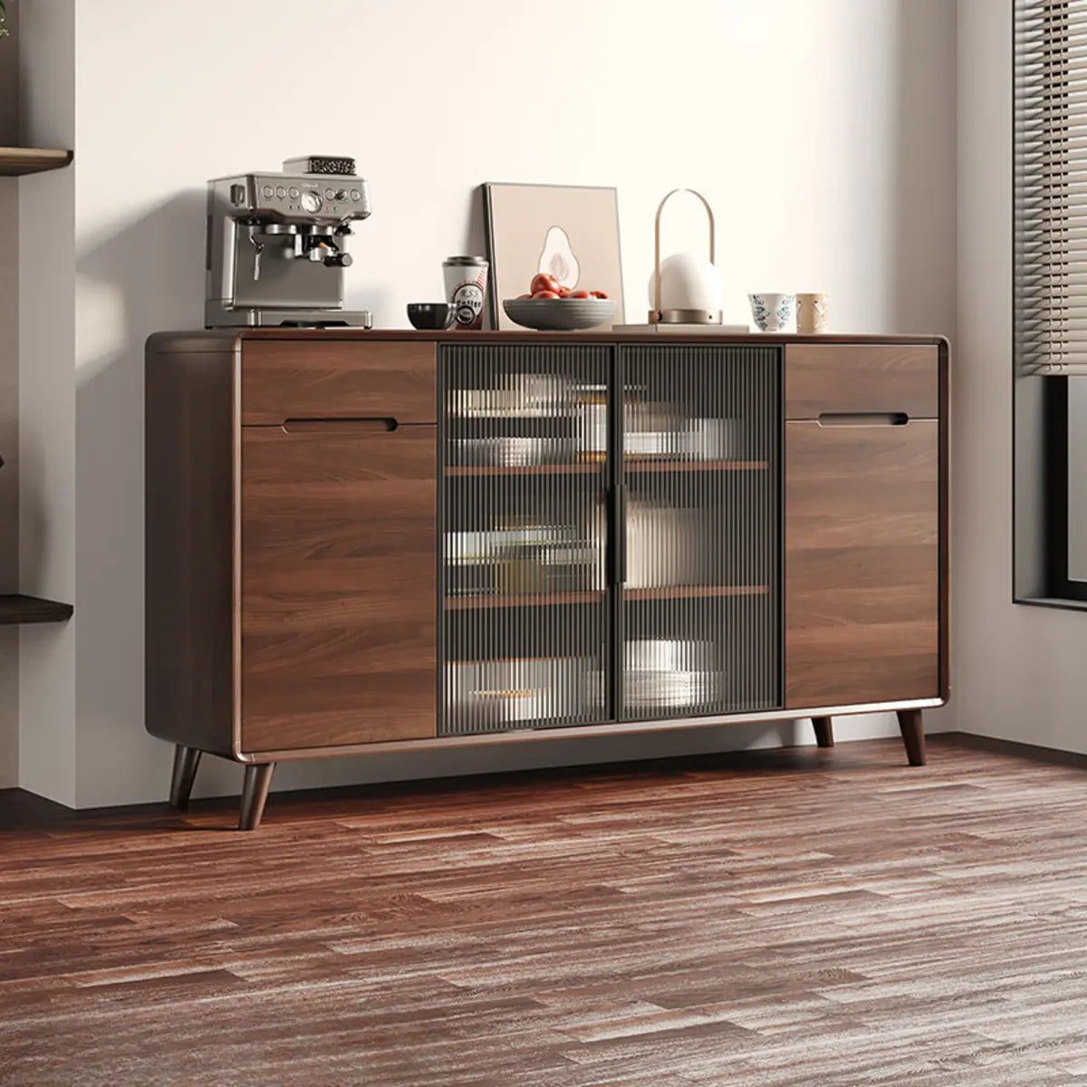 Walnut Brown Large Sideboard with Storage and Shelves — Glass Door