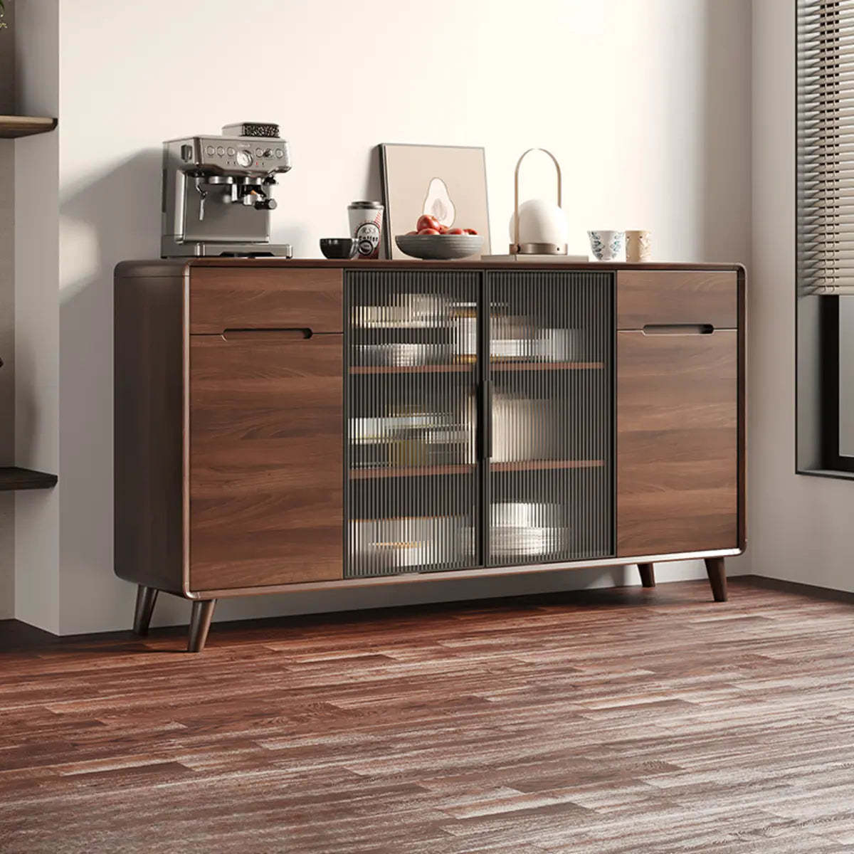 Walnut Brown Large Sideboard with Storage and Shelves — Glass Door