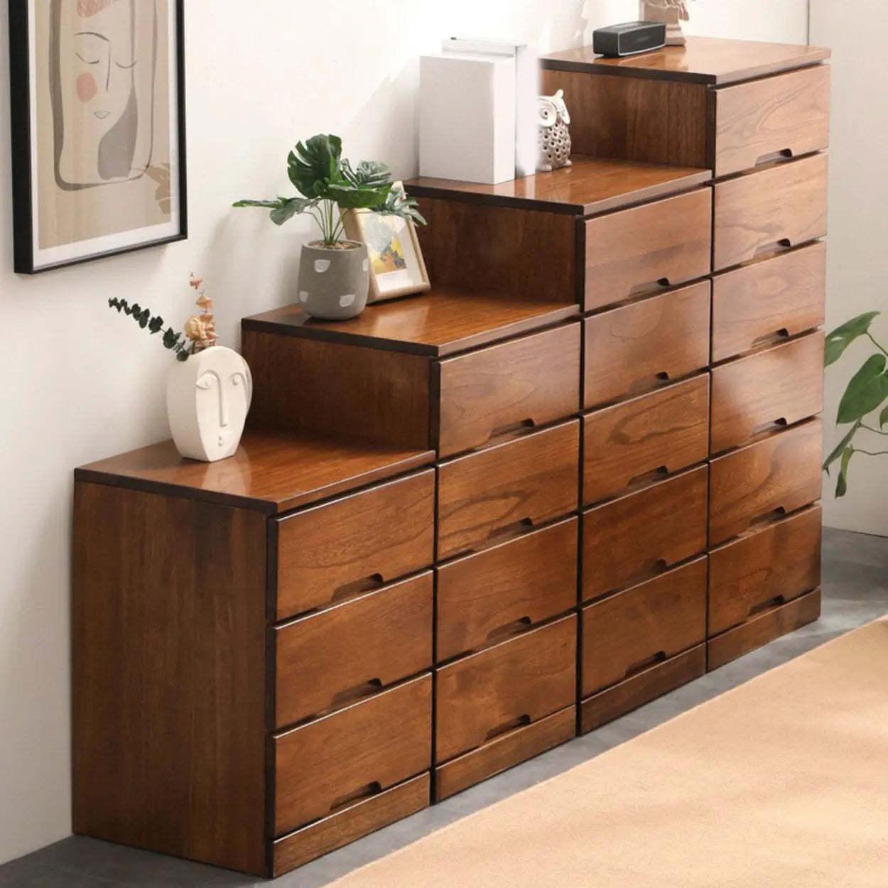 Wood Step-Design Chest of Drawers — Natural Finish