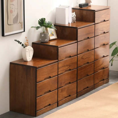 Wood Step-Design Chest of Drawers — Natural Finish