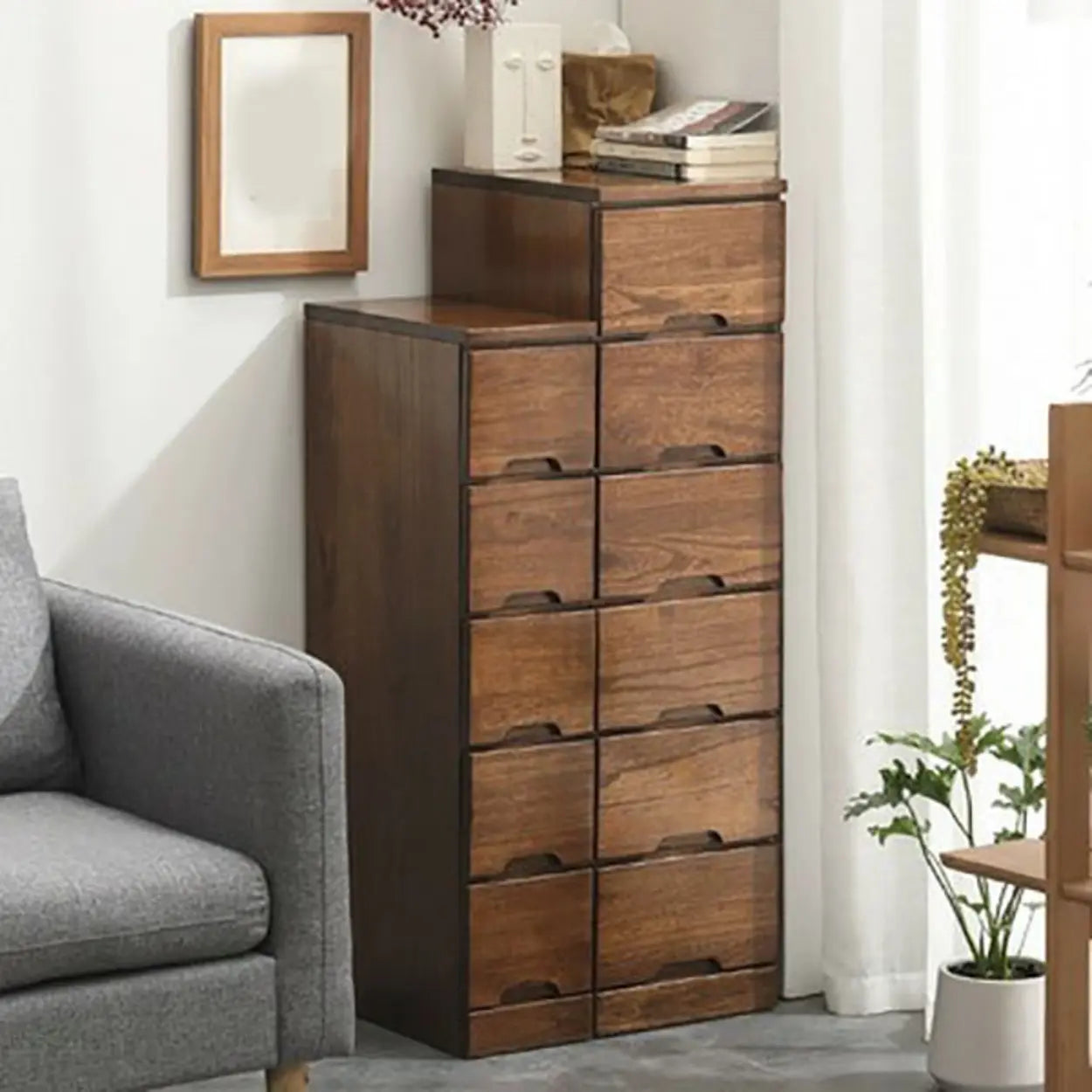 Wood Step-Design Chest of Drawers — Walnut