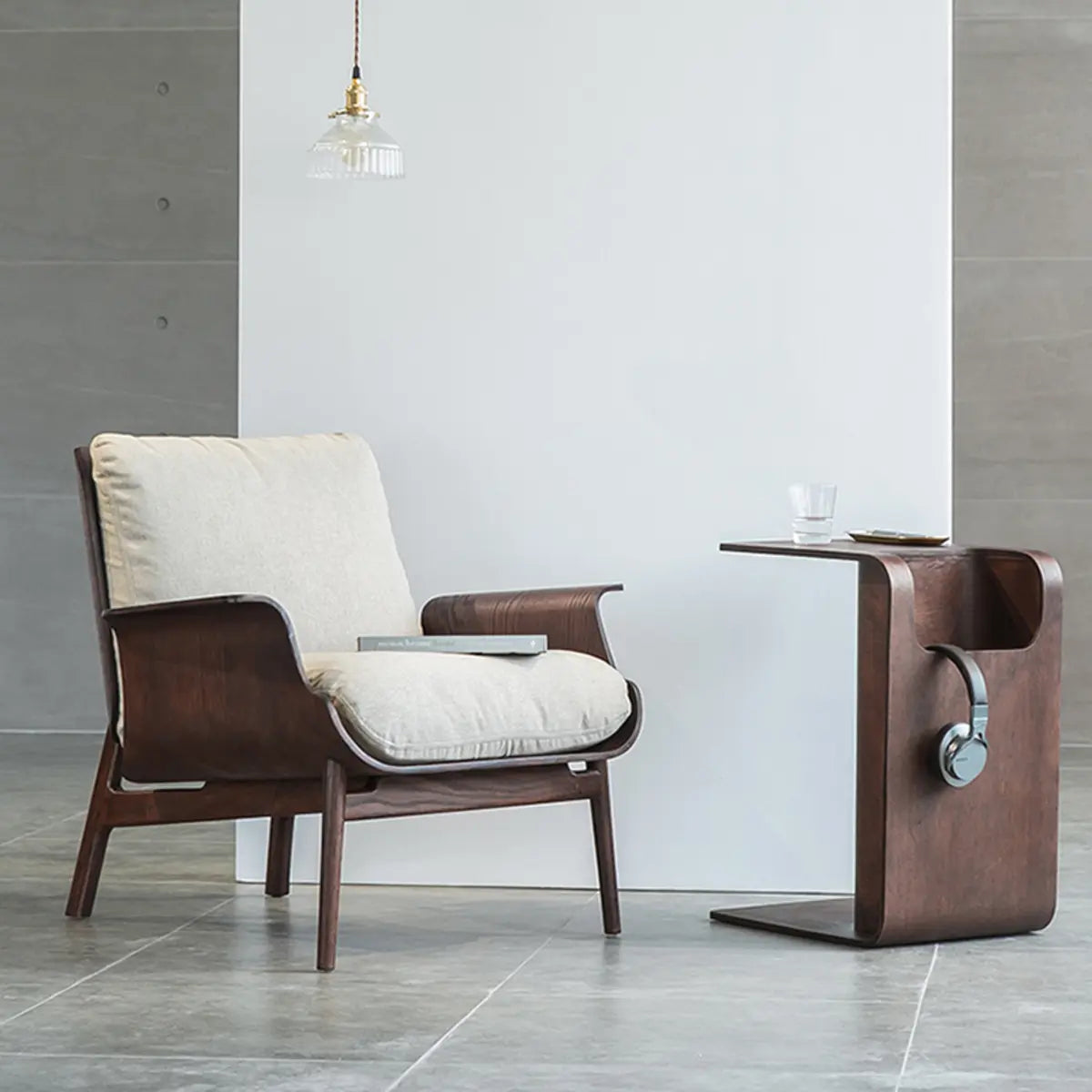 Walnut Oak Four Leg Linen Cushion Lounge Chair