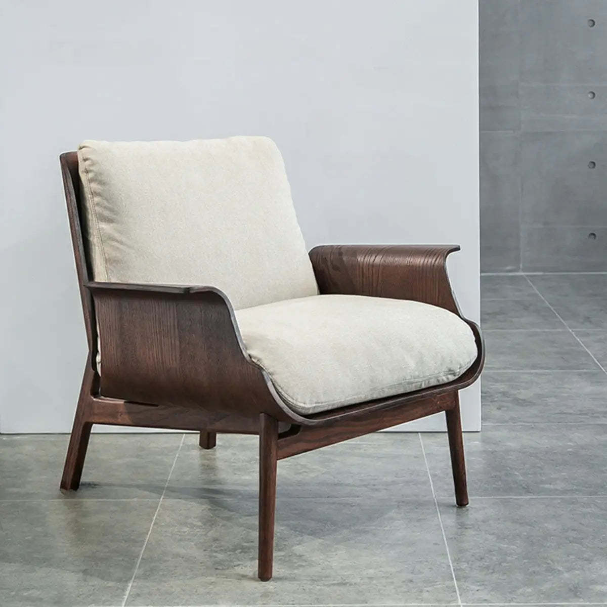 Walnut Oak Four Leg Linen Cushion Lounge Chair
