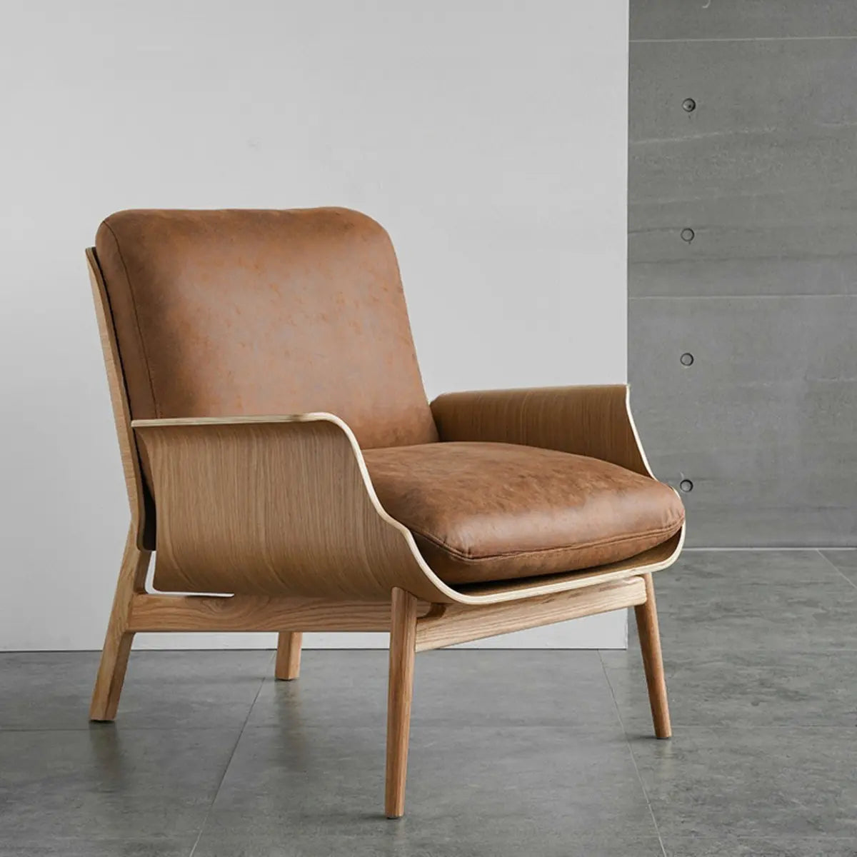 Walnut Oak Four Leg Linen Cushion Lounge Chair — Black / Light Grey / Linen