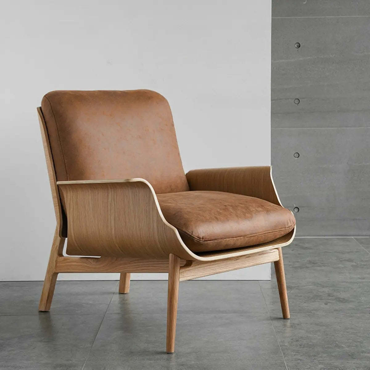 Walnut Oak Four Leg Linen Cushion Lounge Chair — Black / Light Grey / Linen