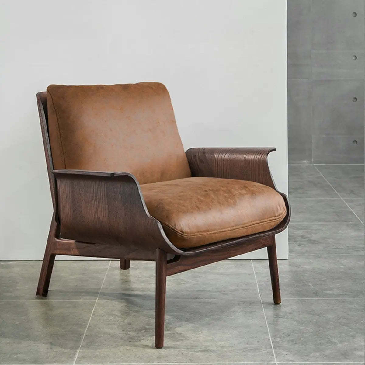 Walnut Oak Four Leg Linen Cushion Lounge Chair — Natural / Taupe / Suede