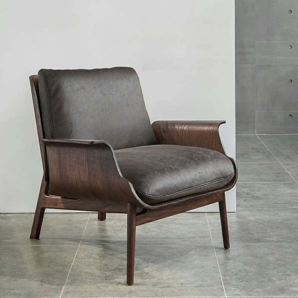 Walnut Oak Four Leg Linen Cushion Lounge Chair — Walnut / Brown / Suede