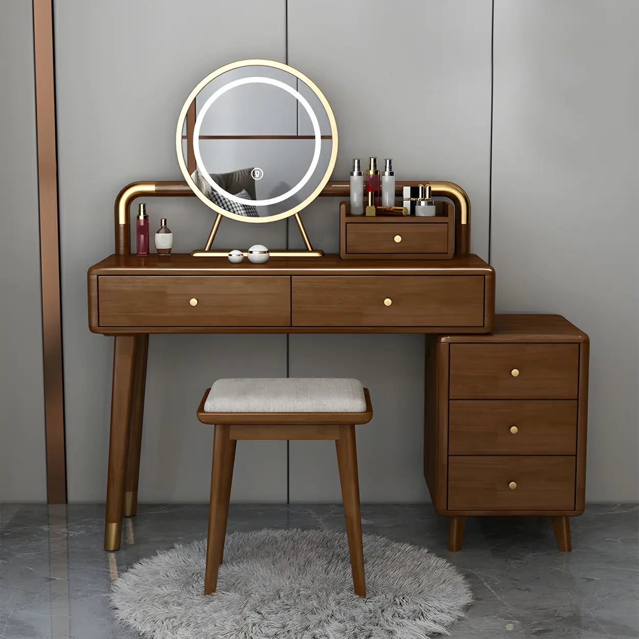 Walnut Rubberwood Vanity with Drawers and Mirror