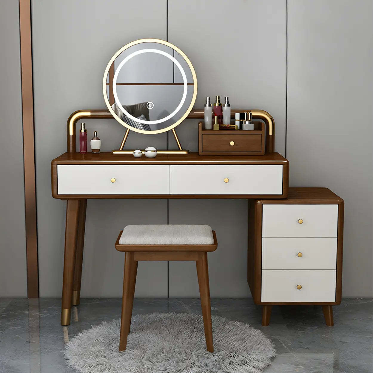 Walnut Rubberwood Vanity with Drawers and Mirror — Makeup Vanity & Mirror & Stools / Wood Color