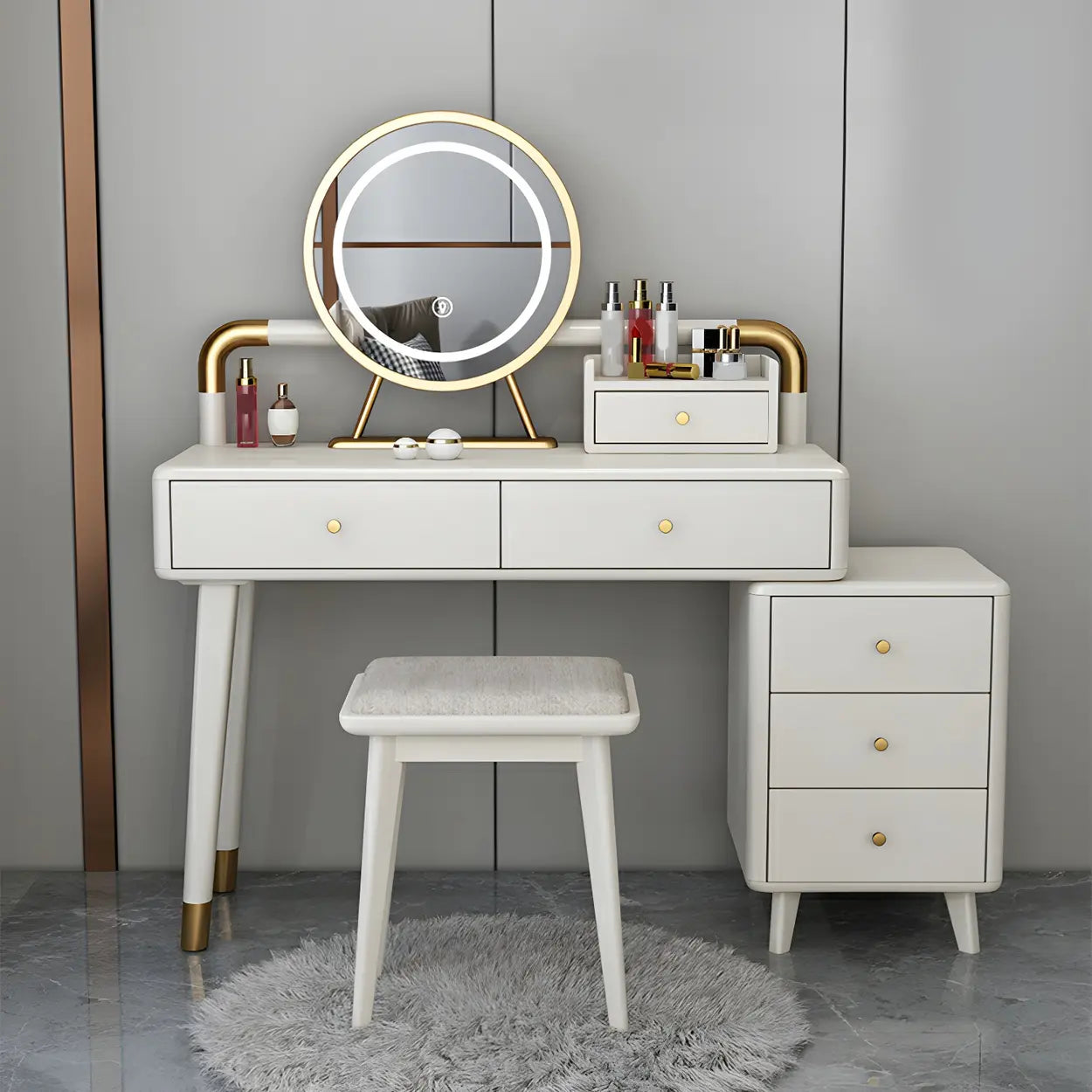 Walnut Rubberwood Vanity with Drawers and Mirror — Makeup Vanity & Mirror & Stools / Natural Wood/ White