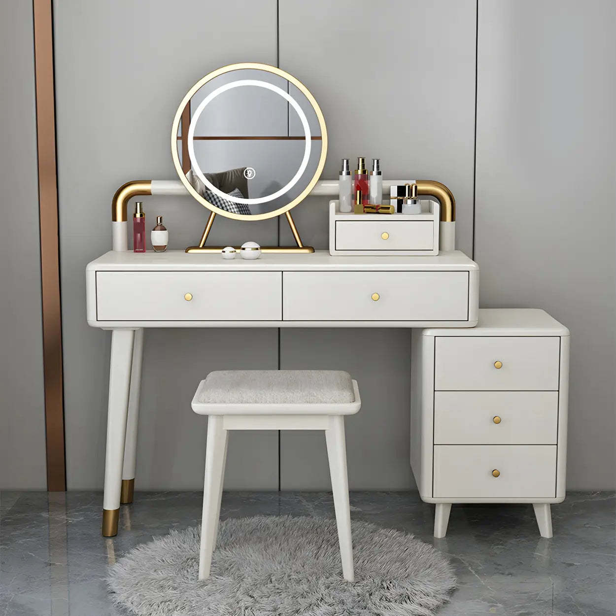 Walnut Rubberwood Vanity with Drawers and Mirror — Makeup Vanity & Mirror & Stools / Natural Wood/ White