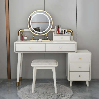 Walnut Rubberwood Vanity with Drawers and Mirror — Makeup Vanity & Mirror & Stools / Natural Wood/ White